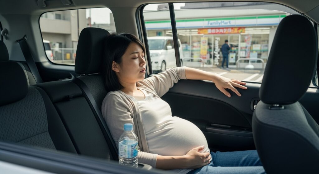 コンビニの駐車場で車内休憩を取る妊娠中の女性 コンビニの駐車場で車の後部座席に座り、休憩を取る妊娠中の女性。体調を整えながら一息ついている様子。