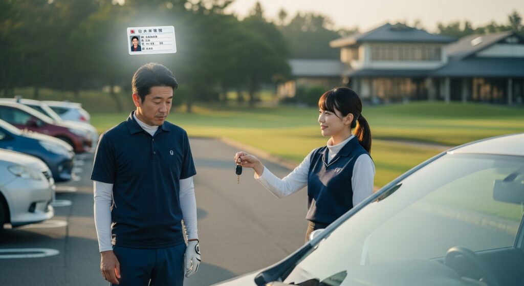 ゴルフ場の駐車場で、女性が車のキーを差し出し、男性が気まずそうに下を向く。頭上に免許証が浮かび、運転できないことへのプライドと葛藤を象徴する40代男性のシーン。