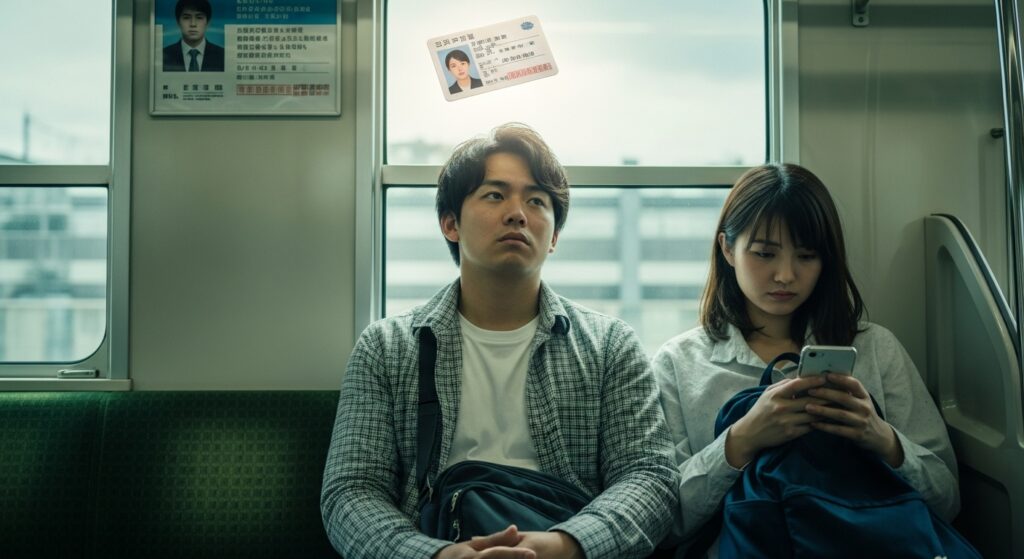 電車に座る若い男女。男性の頭上に免許証が浮かび、SNS世代の運転への劣等感や挑戦への不安を象徴するシーン。