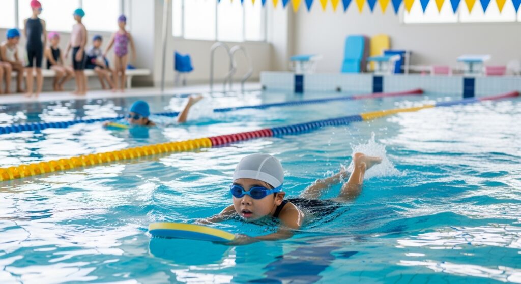 スイミングスクールでビート板を使いバタ足練習をする子どもたち