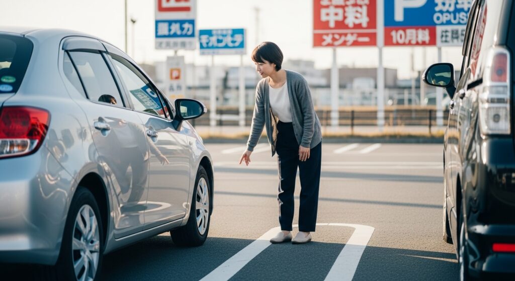 駐車場で車体の間隔を確認する女性ドライバー 駐車場で車体の位置と白線の間隔を確認する女性ドライバー