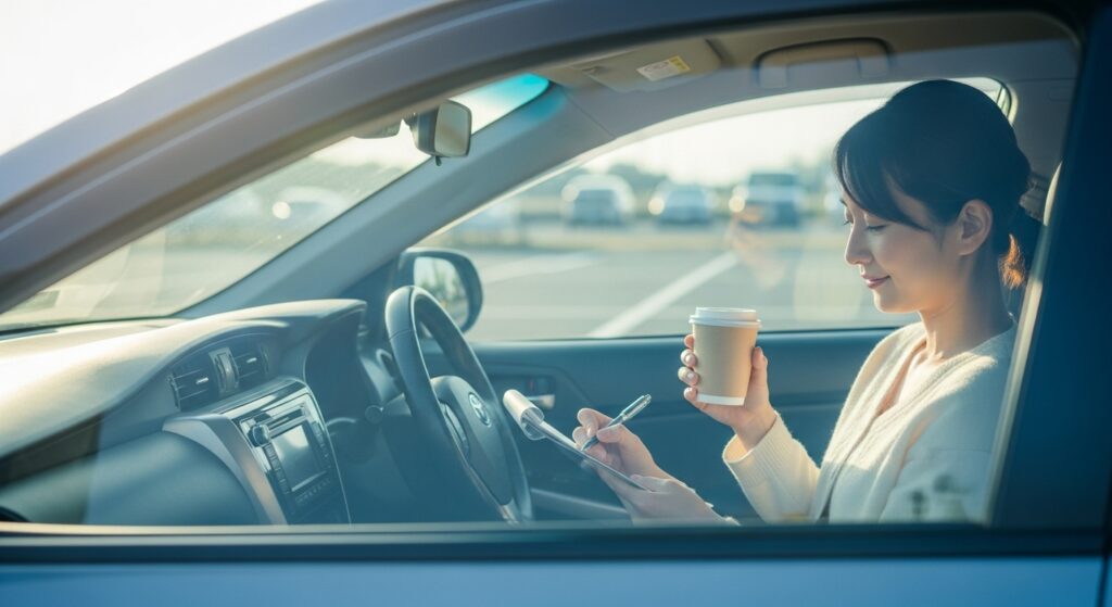 運転スキル自己診断チェックリストをつける女性ドライバー 車内でコーヒーを飲みながら運転スキルの自己診断チェックリストを記入する女性ドライバー