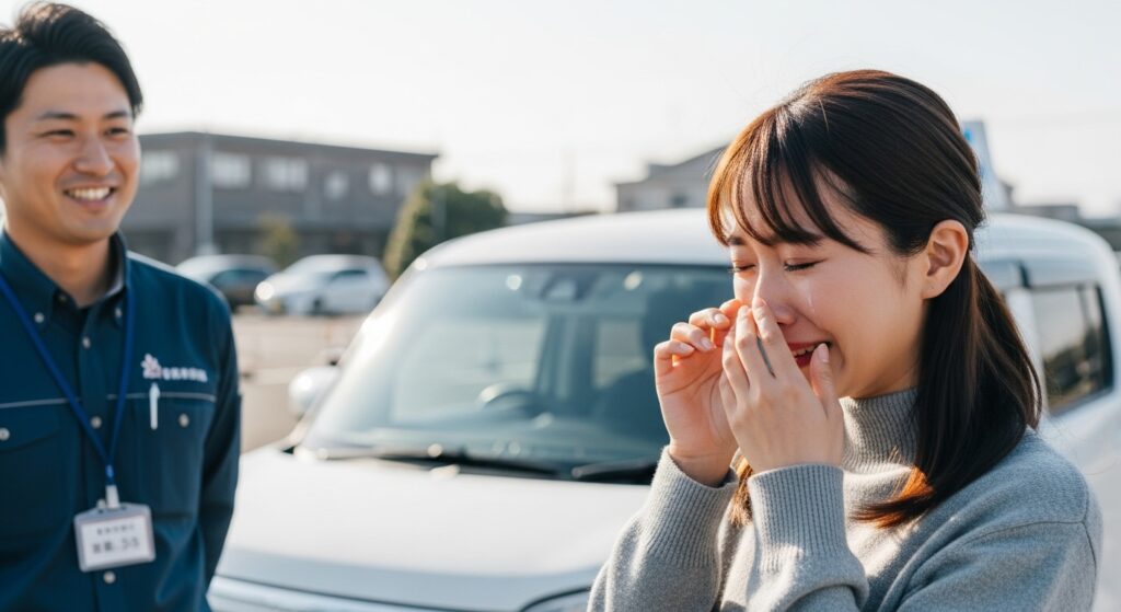 駐車場でインストラクターに褒められて嬉し涙を流す日本人女性。感動的で温かいシーン。