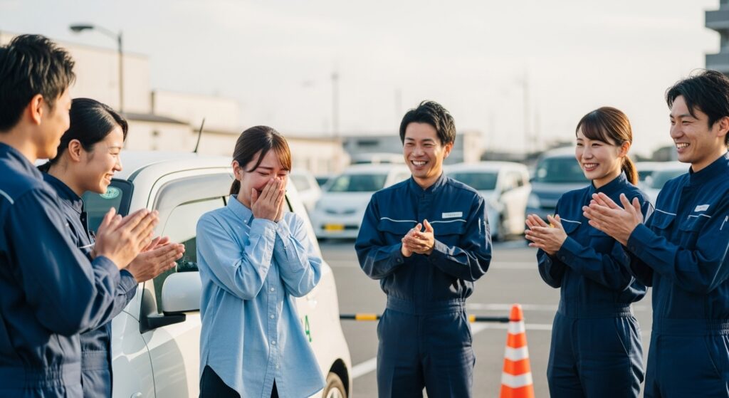 5人のインストラクターに褒められて感動の涙を流す女性。駐車場での心温まるシーン。