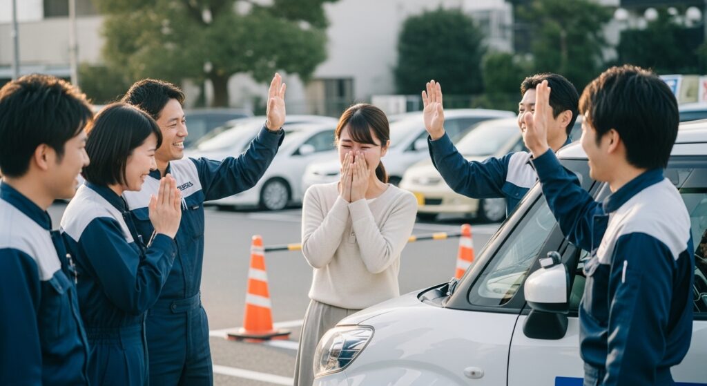 駐車場でインストラクターたちとハイタッチしながら嬉し涙を流す女性。講習を終えた感動の瞬間。
