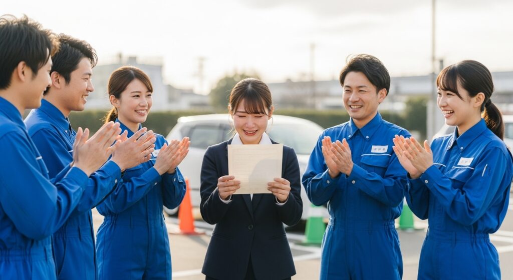 駐車場でインストラクターに囲まれ、修了証を受け取りながら感動の笑顔を見せる女性。