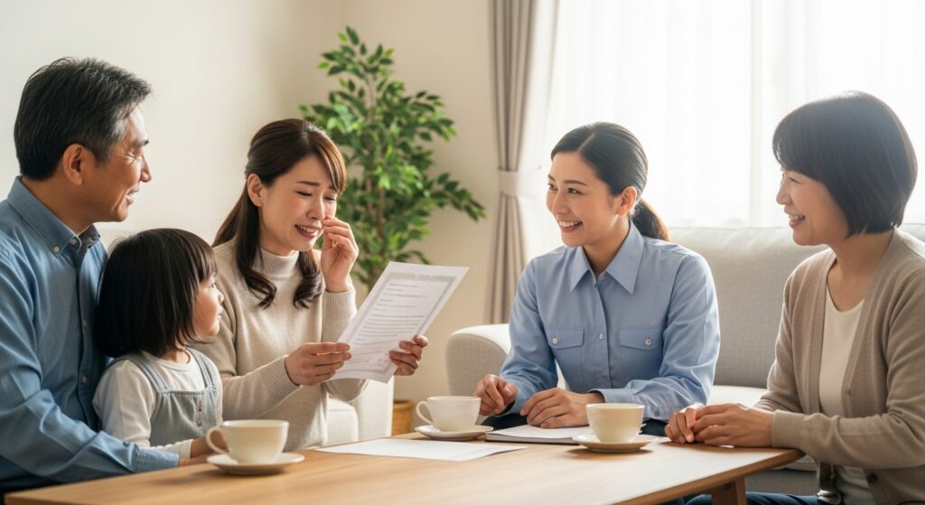 自宅で家族とインストラクターに運転講習の成果を報告し、感動の涙を流す女性。温かいリビングでの心温まるシーン。