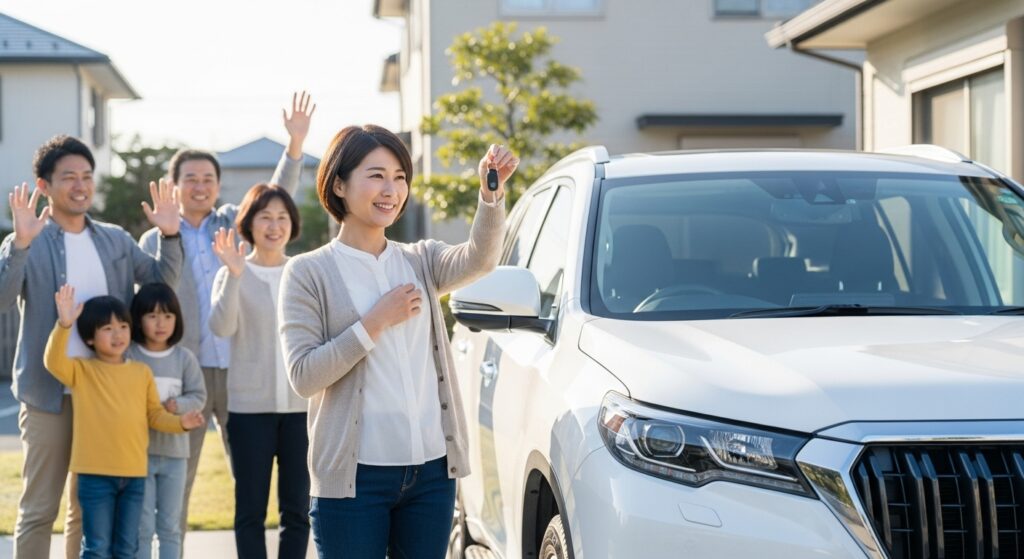 自宅前で家族に見送られながら、白いSUVの鍵を手に笑顔を見せる女性。新しいスタートの瞬間。