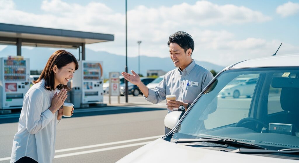高速道路の休憩所でコーヒーを手にインストラクターへ感謝を伝える女性