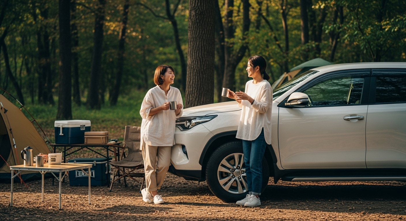 キャンプ場で車のそばで会話する女性ドライバー キャンプ場で車のそばに立ち、笑顔で会話する女性ドライバーたち
