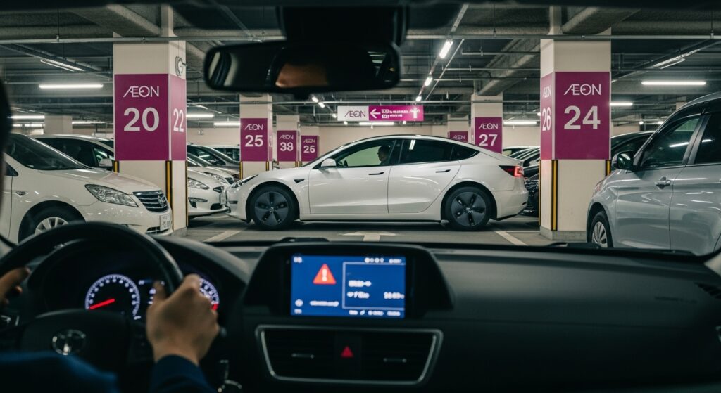 立体駐車場で白い電気自動車が静かに通路を横切っている場面を車内から見た視点。エンジン音がなく歩行者に気づかれにくいEV特有のリスクを示している。
