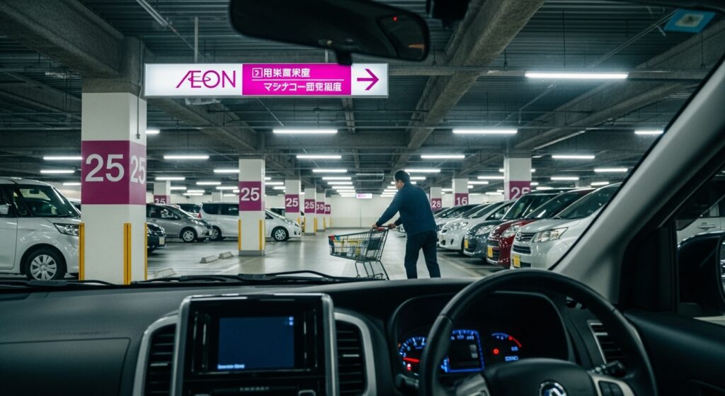 ショッピングモールの立体駐車場で、車内から前方を確認すると、カートを押す男性が柱の陰から横断している様子。視界が柱で遮られ、歩行者