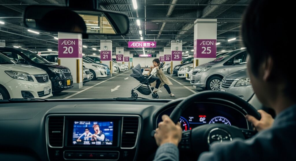 立体駐車場の車内から前方を確認すると、ベビーカーを押した女性が通路を横切っており、運転手が急停止しようとしているシーン。柱と車列で視界が遮