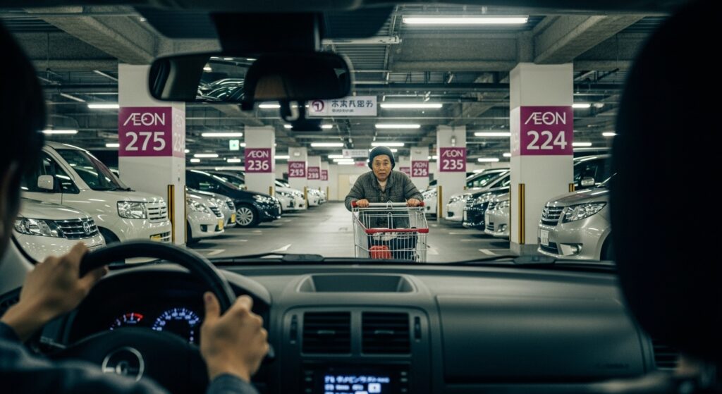 立体駐車場の車内から前方を確認すると、大型車の陰から高齢者がショッピングカートを押して通路に現れる場面。視界が遮られ、歩行者を見落としやすい危険な状況を示している。