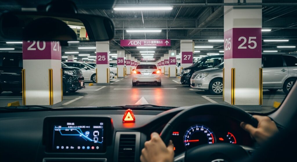 立体駐車場でハザードを点灯させた状態で前方の車両を注視している場面。柱や駐車車両で視界が遮られ、歩行者や車の動きを確認しにくい状況を車内から示している。