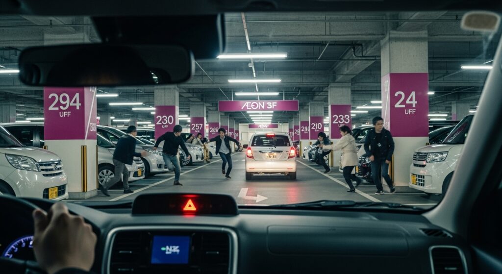 ショッピングモールの立体駐車場で、複数の歩行者が車の前を横断している様子を