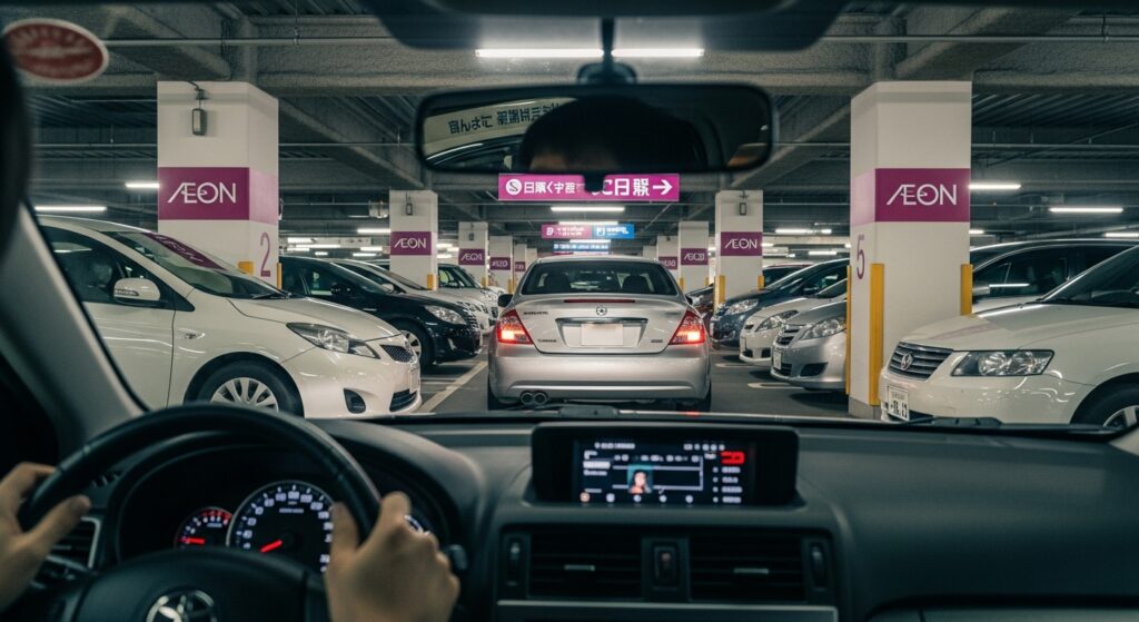 立体駐車場の車内から前方を確認すると、柱や停車中の車が視界を遮り、前の車両しか見えない状況。構造物によって周囲の歩行者や車両を確認しにくい危険性を示し