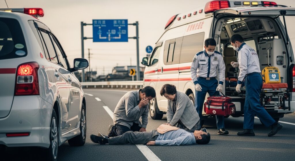 高速道路上で倒れたドライバーを救護する救急隊と同乗者。救急車が到着し、救命処置が行われている緊急対応の様子。
