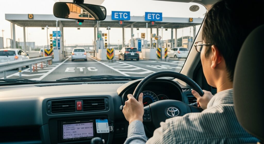 車内から見た運転者の視点で、ETCレーンに向かって進む様子。前方に複数のETCゲートが見える。
