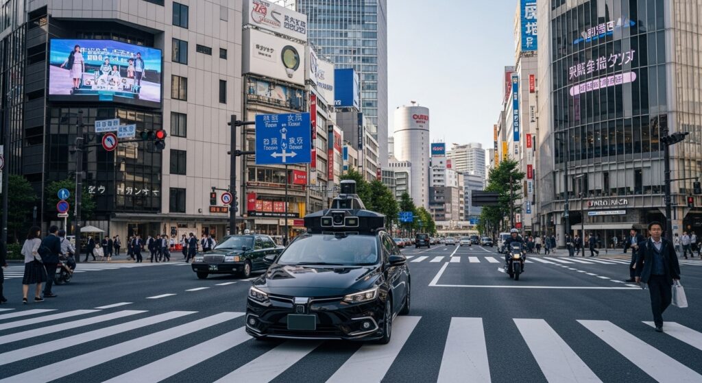 「東京の大きな交差点を自動運転車が走行する場面。歩行者や車両が行き交う都市部で、AIセンサーを搭載した車が進む様子。」