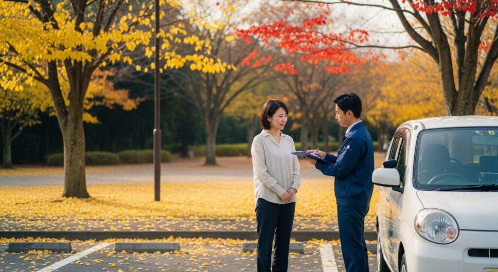 秋の落ち葉が広がる駐車場で、女性受講生がインストラクターから丁寧な指導を受けている様子。