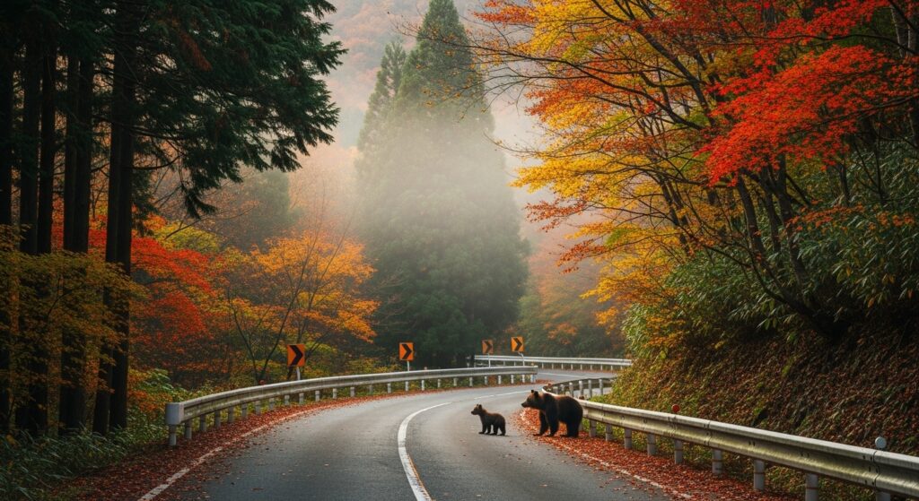 秋の山道で、親子の熊が道路を横断している様子。紅葉の中、車が出会う可能性がある危険なシーン。