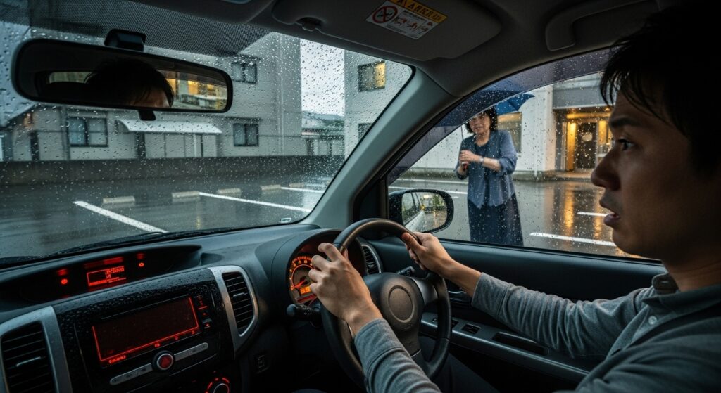 「雨の中、バック駐車で緊張しながらハンドル操作する男性ドライバー。外で傘を差した人物が見え、バックモニターだけに頼ると軌道がずれやすい状況を示すシーン」