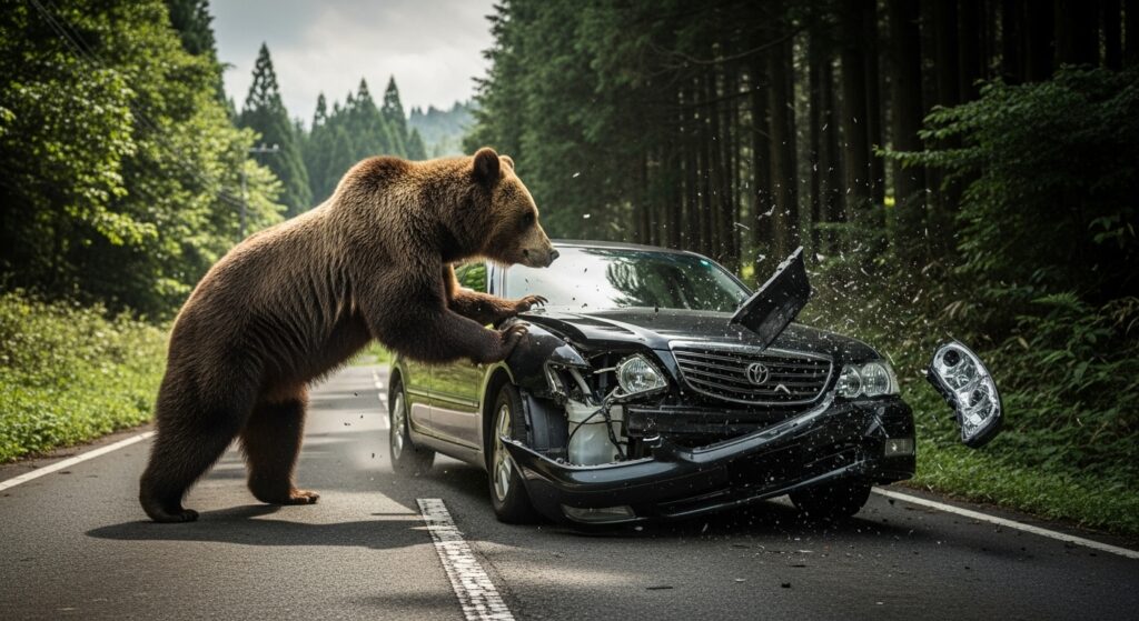 山道で熊が車を大破させている場面。車内にいても安全ではないことを示す危険な遭遇シーン。
