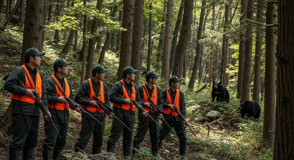 山林で熊を前に警戒態勢を取る猟友会のメンバー。銃を構え、安全確保のために対応している場面。