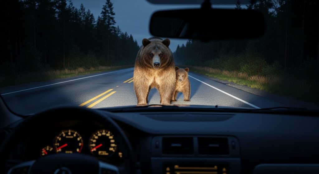夜の山道で熊の親子に遭遇したシーン。車のヘッドライトに照らされた熊が立ち止まり、ドライバーの視点から緊張感が伝わる。