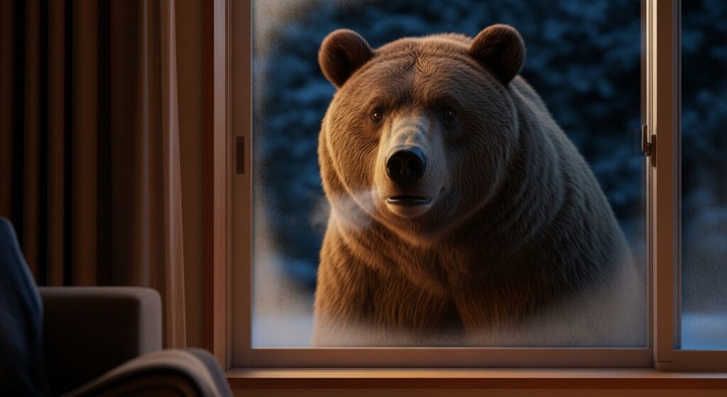 家の窓の外に熊が立っているシーン。室内から見た夜の光景で、住宅地への熊出没の危険性を示す。