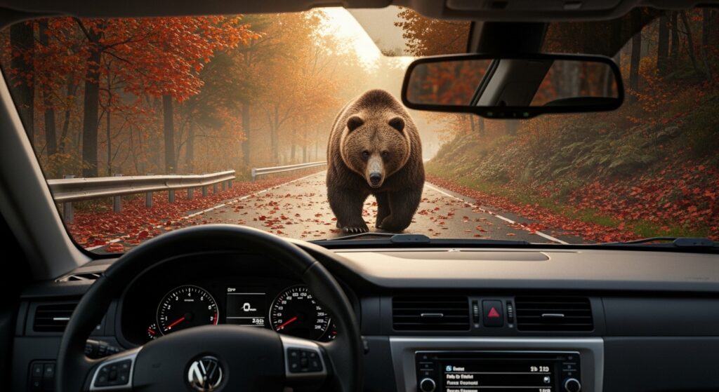 秋の山道で車の前に熊が立ちはだかるリアルなシーン。ドライバー視点で、紅葉の中に現れた熊の緊張感を伝える。