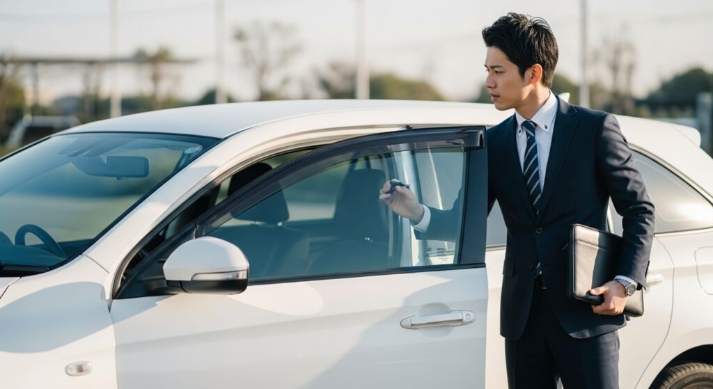 営業車に乗り込む前、業務運転に不安を抱えながら車を確認する30代の男性社員。
