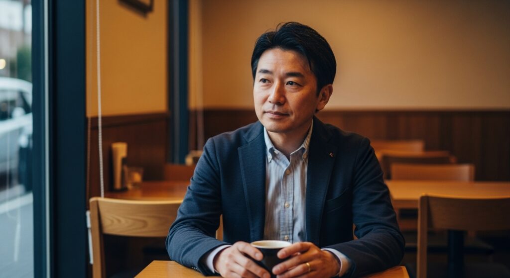 落ち着いた表情でコーヒーを手にする大人の日本人男性。気遣いや人柄の深さが伝わる雰囲気が、丁寧な運転につながることを象徴するシーン。