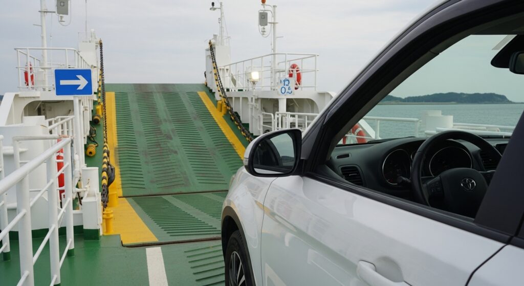 フェリーのスロープ前で停車し、ゆっくり乗り込む準備をする車。初めての乗船でも様子がわかりやすい場面。