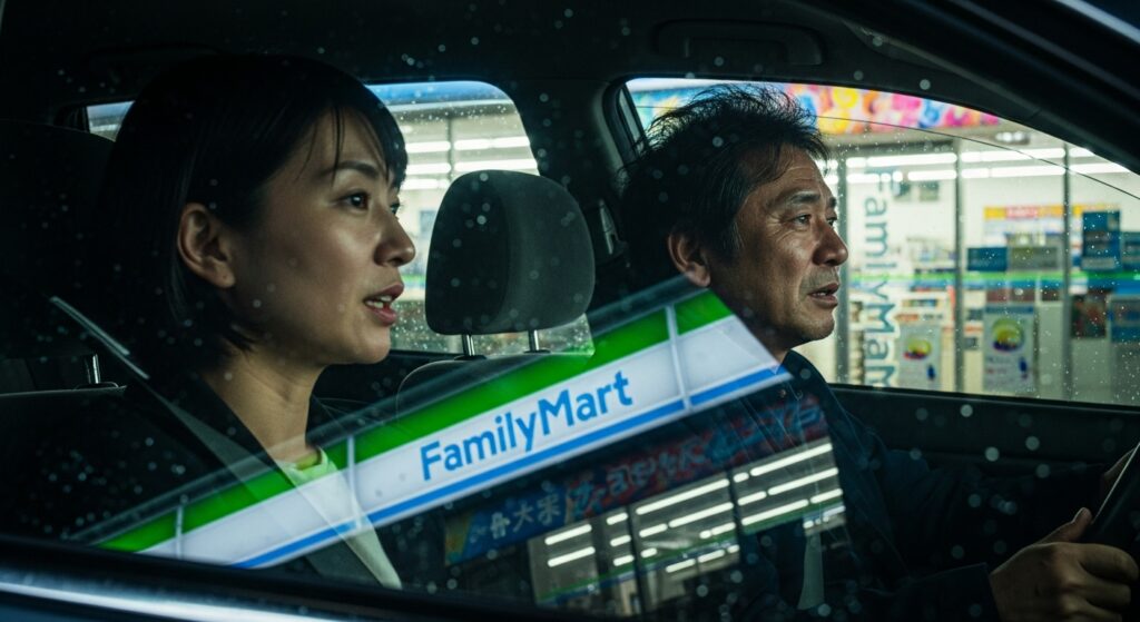 雨のコンビニ前で、女性に運転について話しかけられ、気まずそうに前を向く男性の車内シーン