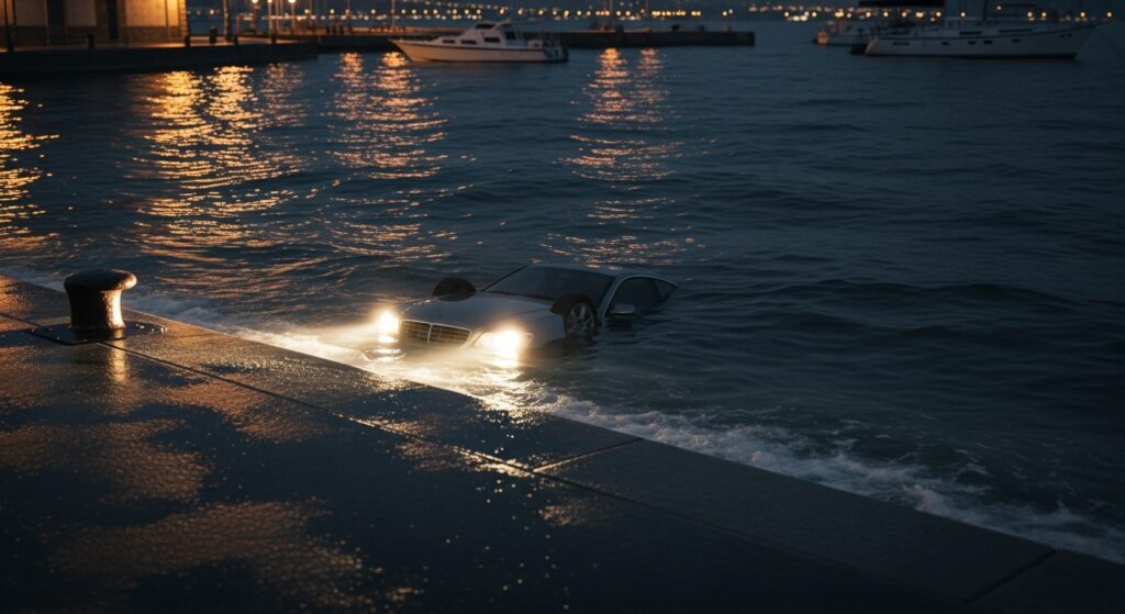 夜の漁港で海に沈みかけた車。ヘッドライトの光が波間を照らしている。