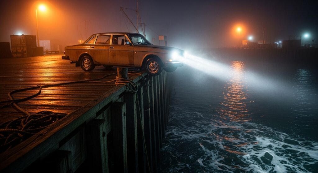 夜の港で、車が岸壁の端に停まり、ヘッドライトの光が海面を照らしている。霧が立ちこめ、静かな緊張感が漂っている。