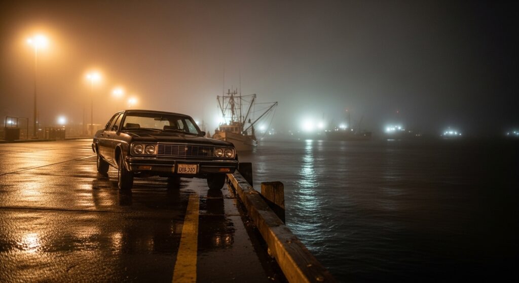 夜の漁港で、霧に包まれた岸壁の端に車が停まっている。背後には漁船と港の灯りがぼんやりと光っている。