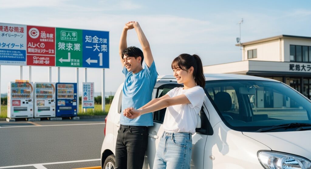 「高速道路の休憩所でストレッチをする日本人カップル」