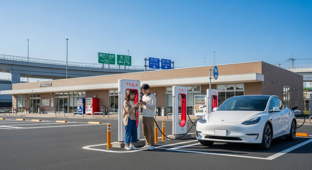 「高速道路の充電スポットでテスラを充電する日本人カップル」
