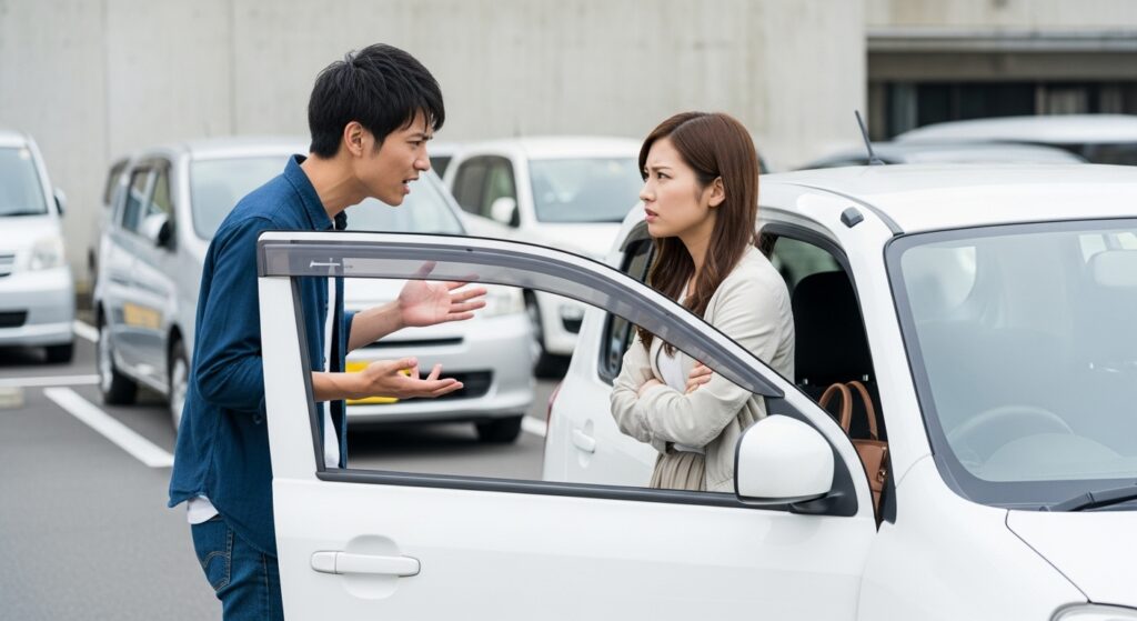 「カーシェア利用中に駐車場で口論する日本人カップル」