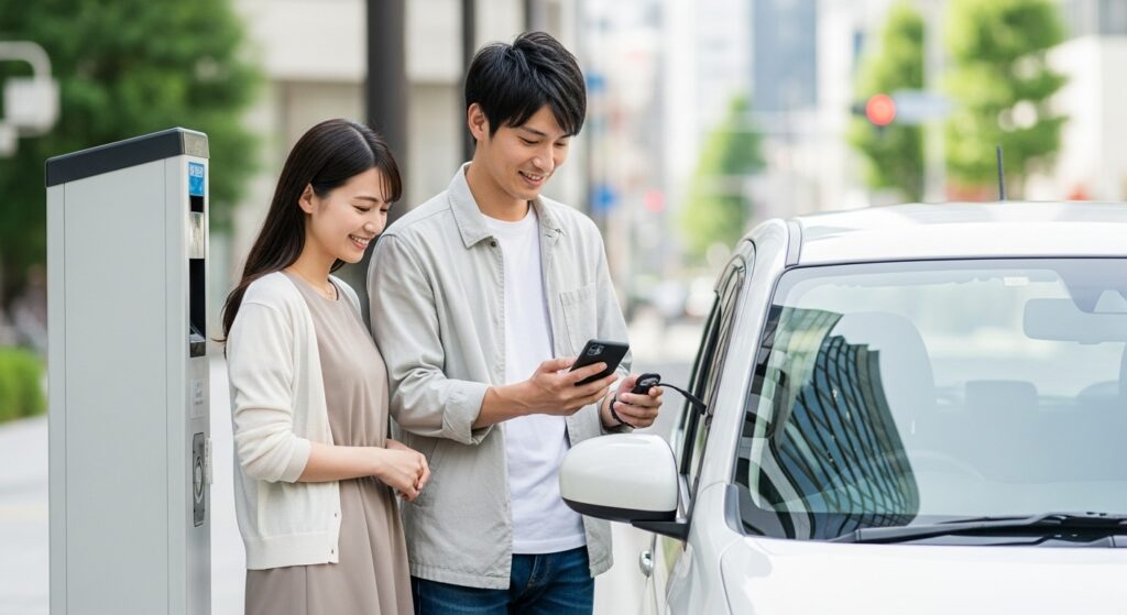 「カーシェアの車をスマホで解錠する日本人カップル」