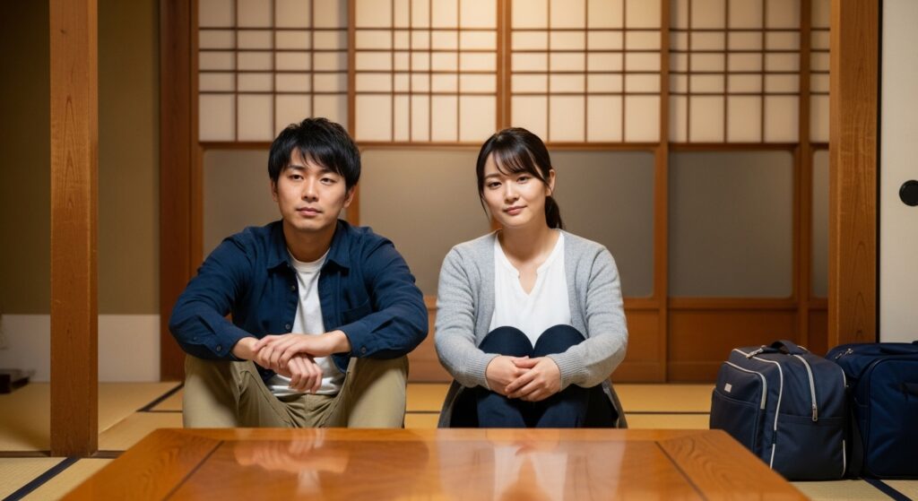 「旅館の和室でくつろぐ日本人カップル」