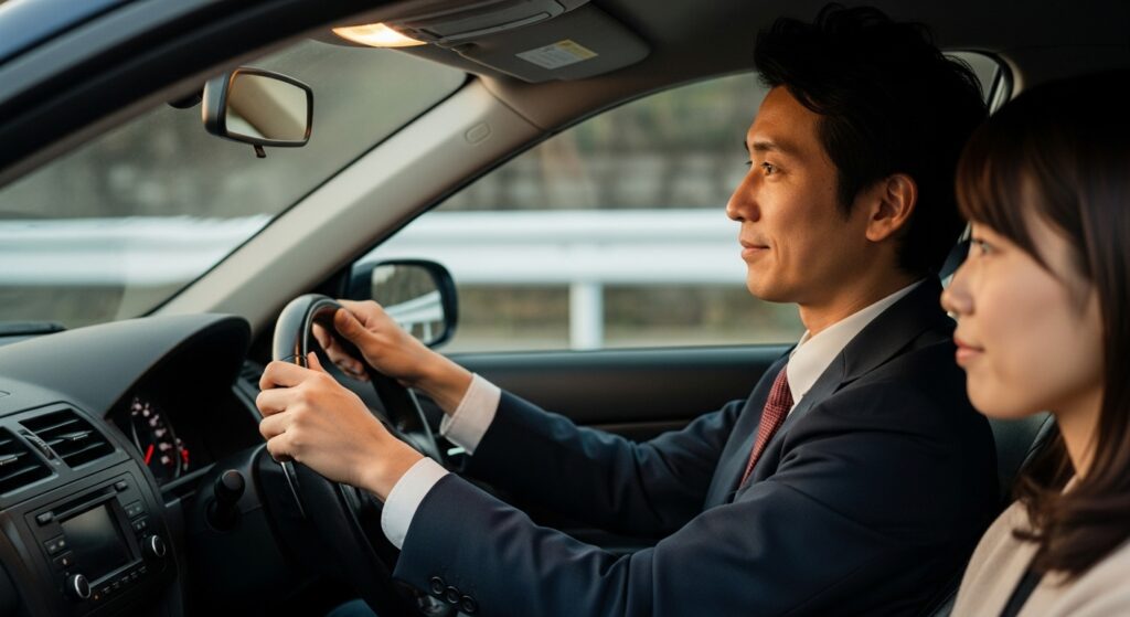 落ち着いた表情で安全運転をする日本人男性と、その横で安心した様子の女性。丁寧なハンドル操作から伝わる余裕と気遣いが、同乗者に心地よい安心感を与えるシーン。