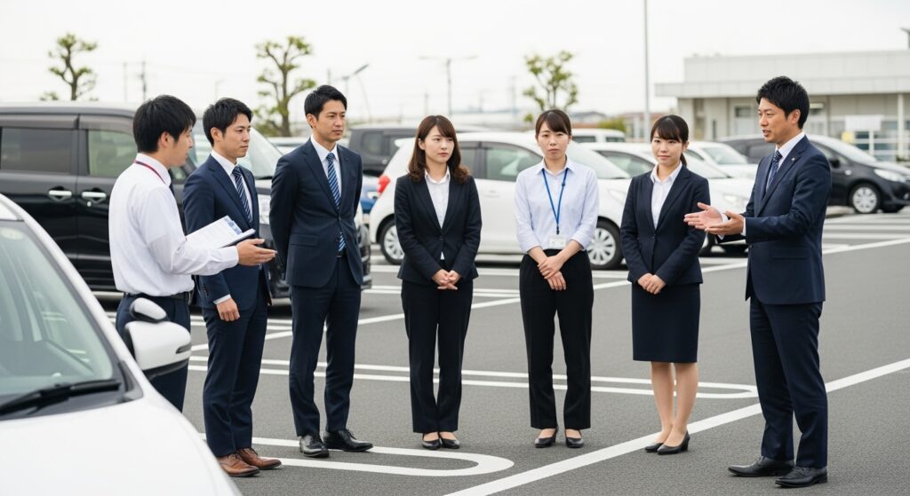 駐車場でインストラクターの説明を受ける会社員グループの安全運転研修の様子。