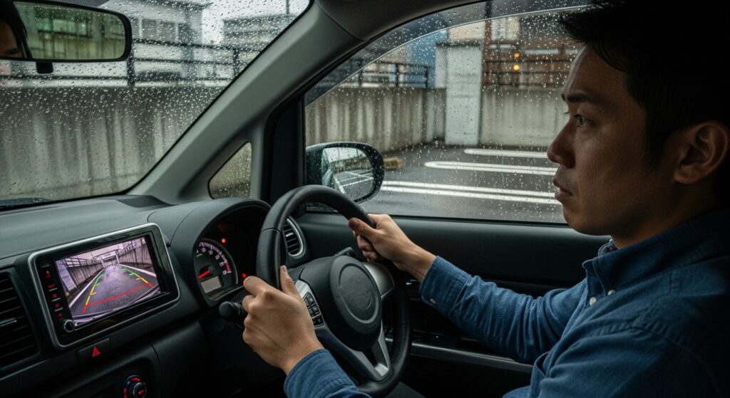 「バックモニターを見ながら慎重に駐車する男性ドライバー。ミラーとモニターを併用し、雨の日でも降りずに停められる“正しいミラーの使い方”を示すシーン」