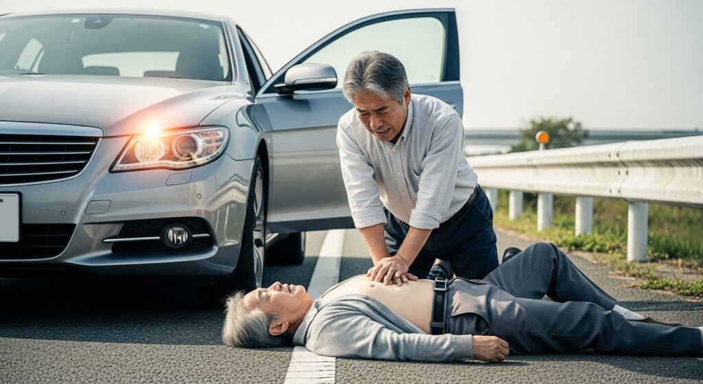 路肩に倒れたドライバーに対して、同乗者が心臓マッサージを行っている緊急救命シーン。車はハザードを点けて停車している。