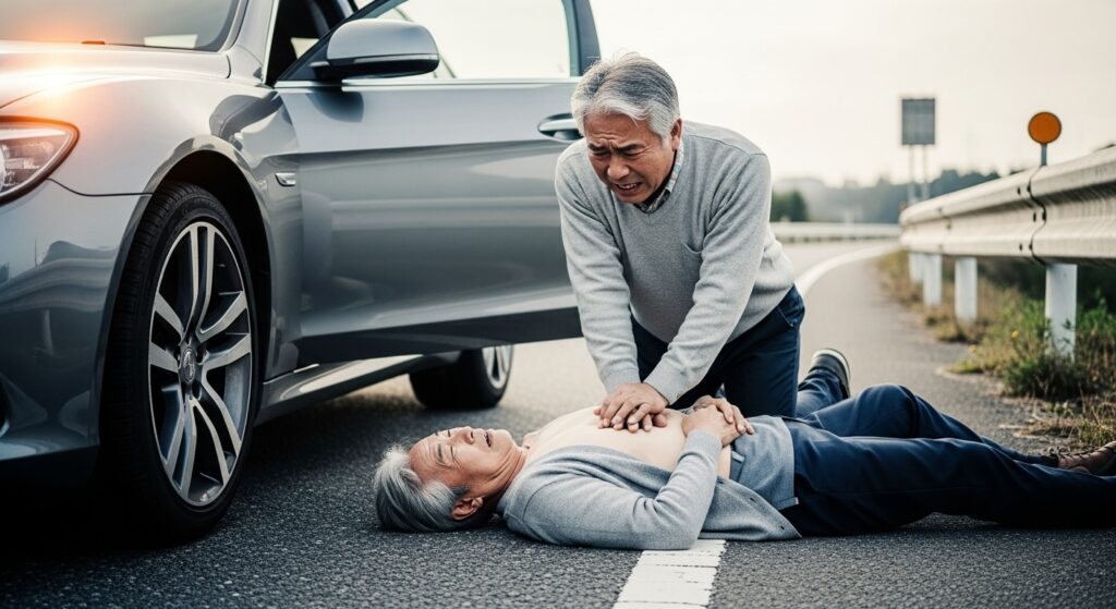 路肩に倒れた高齢ドライバーに対して、同乗者が胸骨圧迫を行っている心肺蘇生の緊急シーン。車は安全に停車しハザードを点灯している。