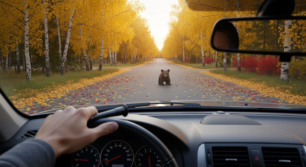 秋の林道で車の前に子ぐまが現れたシーン。運転席から見たリアルな視点で、紅葉の中にたたずむ熊の姿を描く。